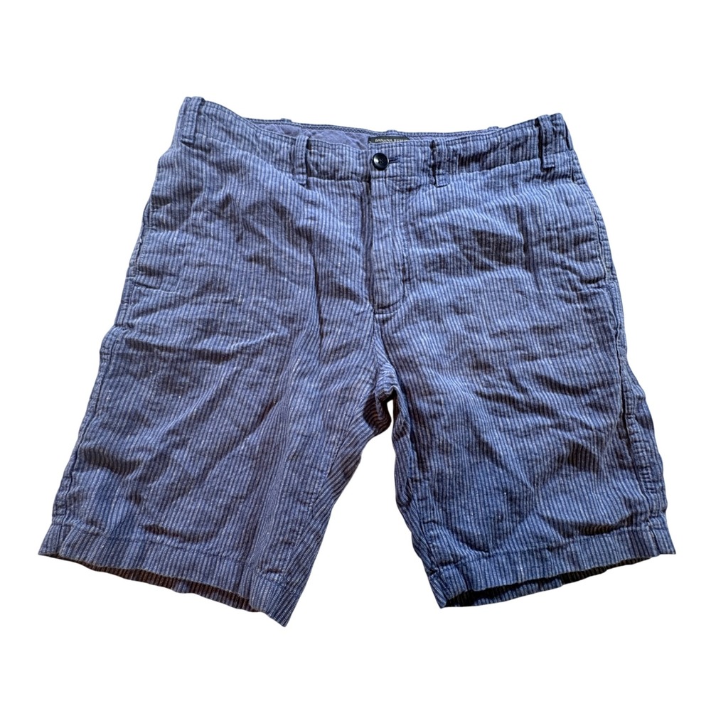 Banana Republic Aiden Shorts Mens 32 Blue White Striped 100% Linen Slim Fit 9in
